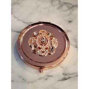 Rose Gold Tone Compact Mirror With Rhinestones